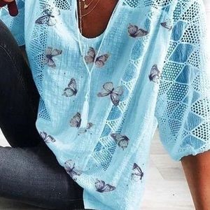Blue Butterfly Top with lace sleeves
